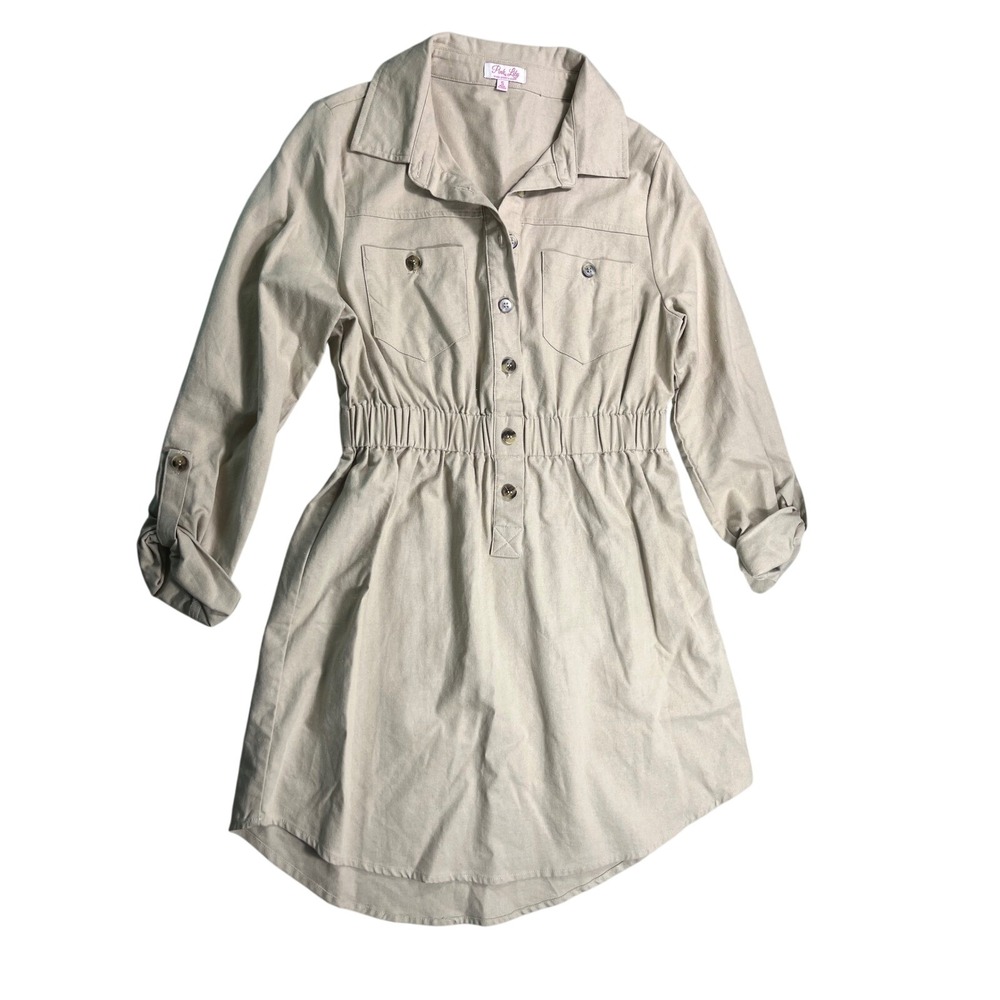 Pink Lily Womens Small Linen Cotton Shirt Dress Beige Utility Safari Button